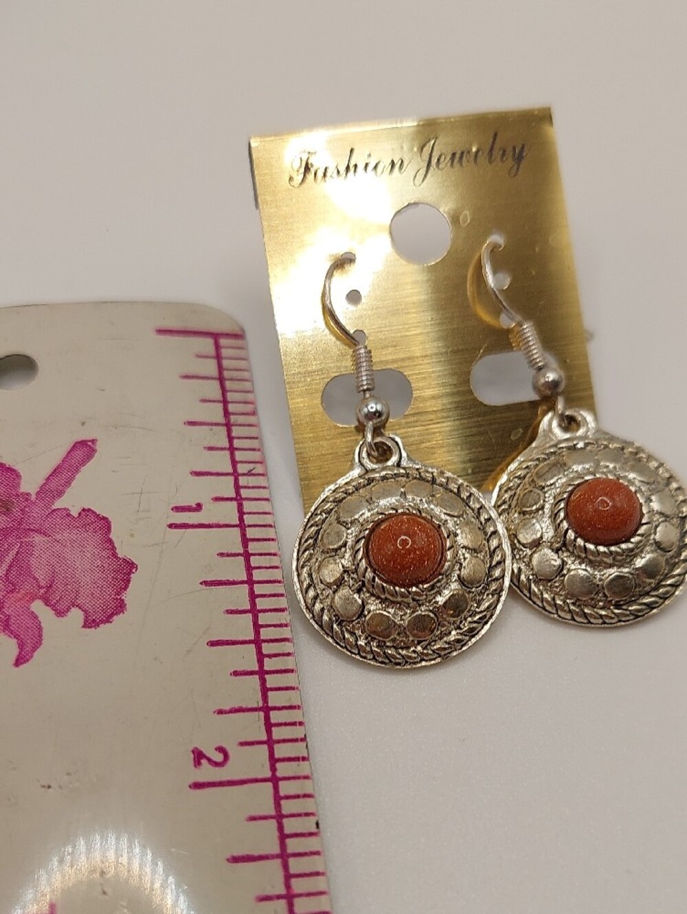Artisan Silver-Tone Drop Earrings with Goldstone Nwot - Picture 4 of 7